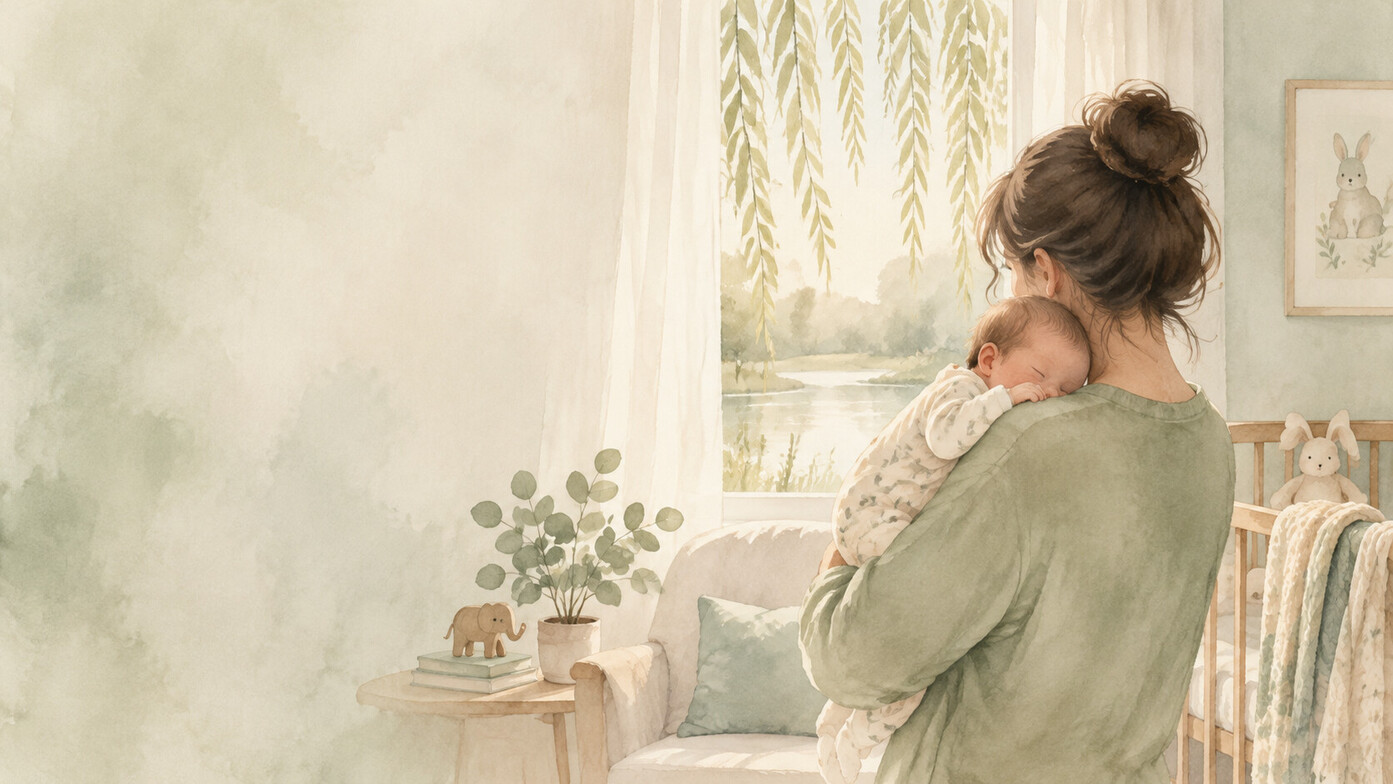 Illustration of a parent holding a sleeping newborn on their shoulder in a calm nursery